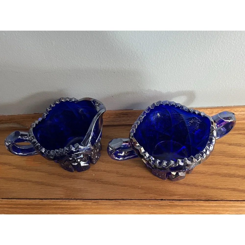 Imperial Carnival Glass Sugar Bowl Creamer Set Cobalt Blue #526 Iridescent Nucuf